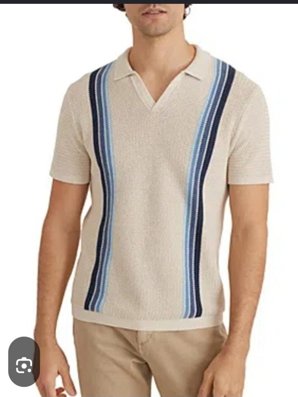 Magaschoni Cream Knit Polo with Navy and Light Blue Stripes